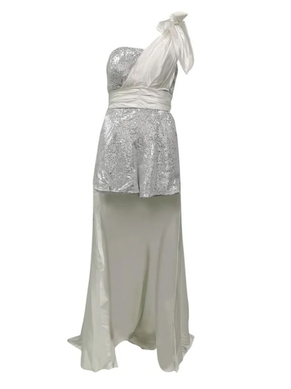Silver One-Shoulder Sequin Evening Gown